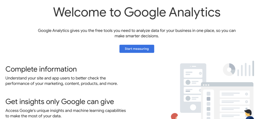 Image of the Landing page after logging into Google Analytics for the first time. 