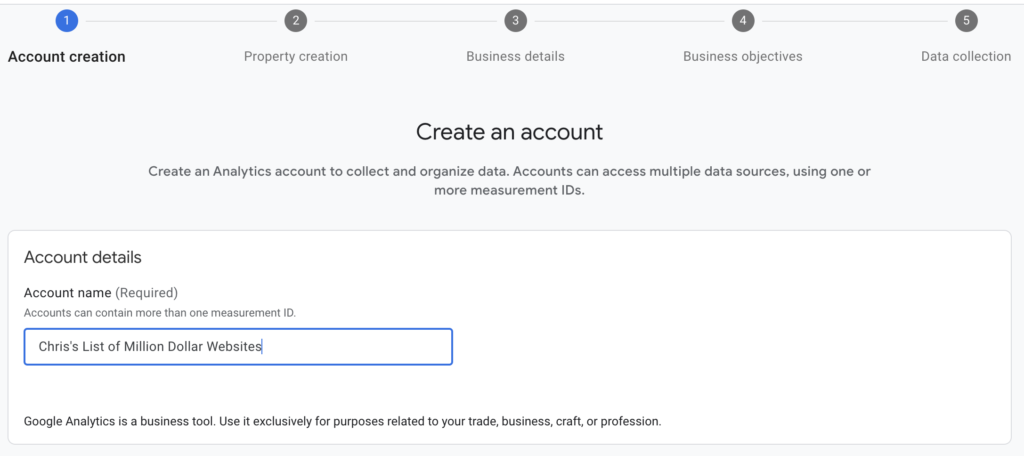 Image of the Account creation screen when setting up Google Analytics