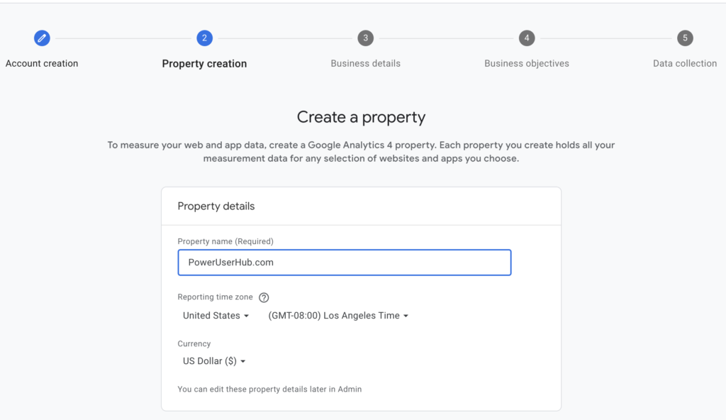 Image of the property creation screen when setting up a Google Analytics property