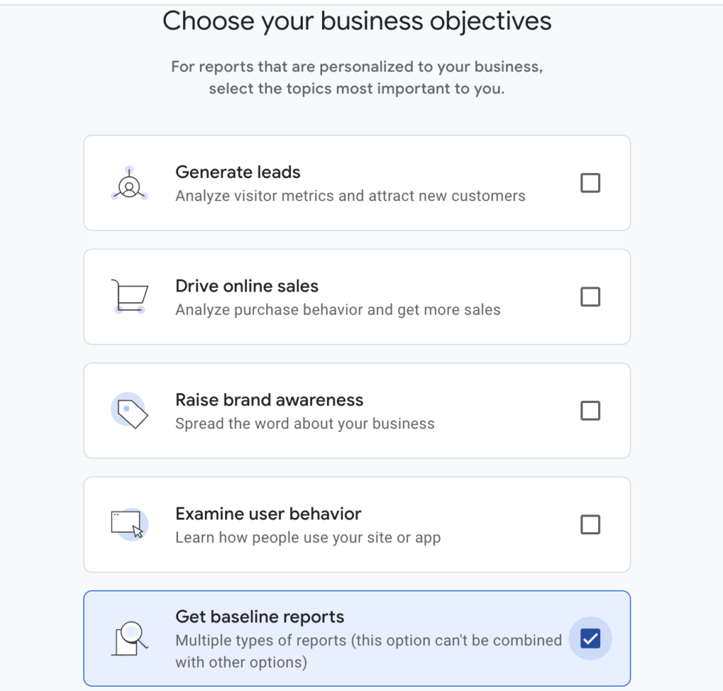 Image of the Choose your Business Objectives step when setting up the Google Analytics account. 