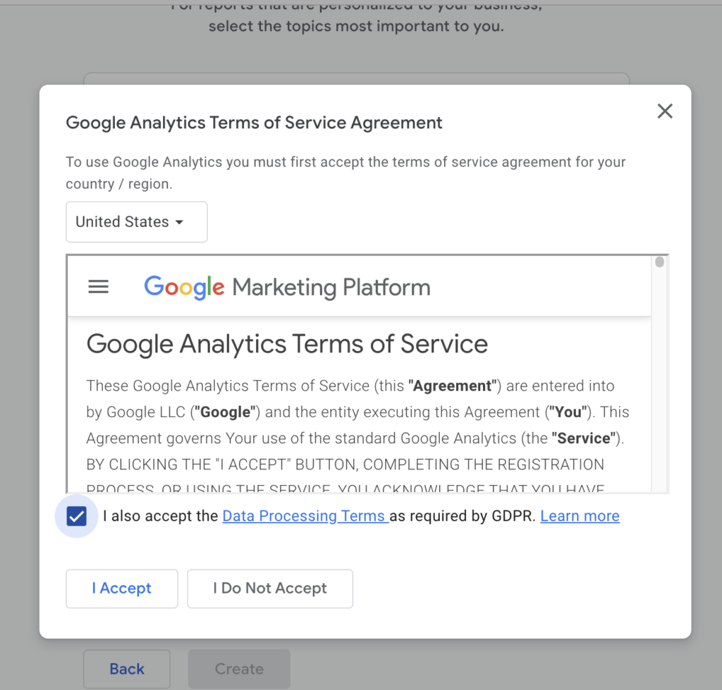 Image of Google's Term of Service for setting up Google Analytics